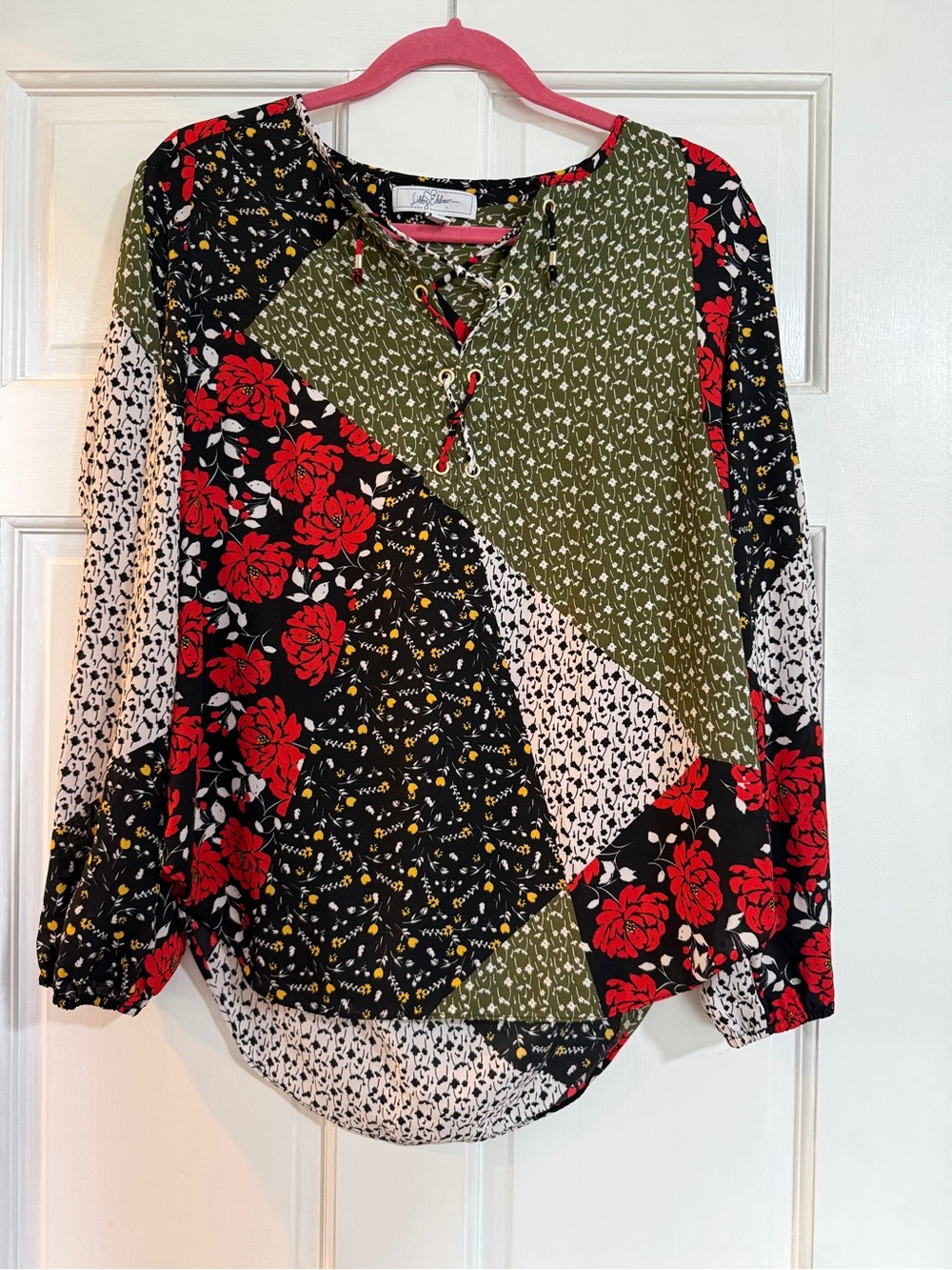 libby. edelman Mixed Floral Patchwork Lace-Up Blouse - Olive/Black/Red